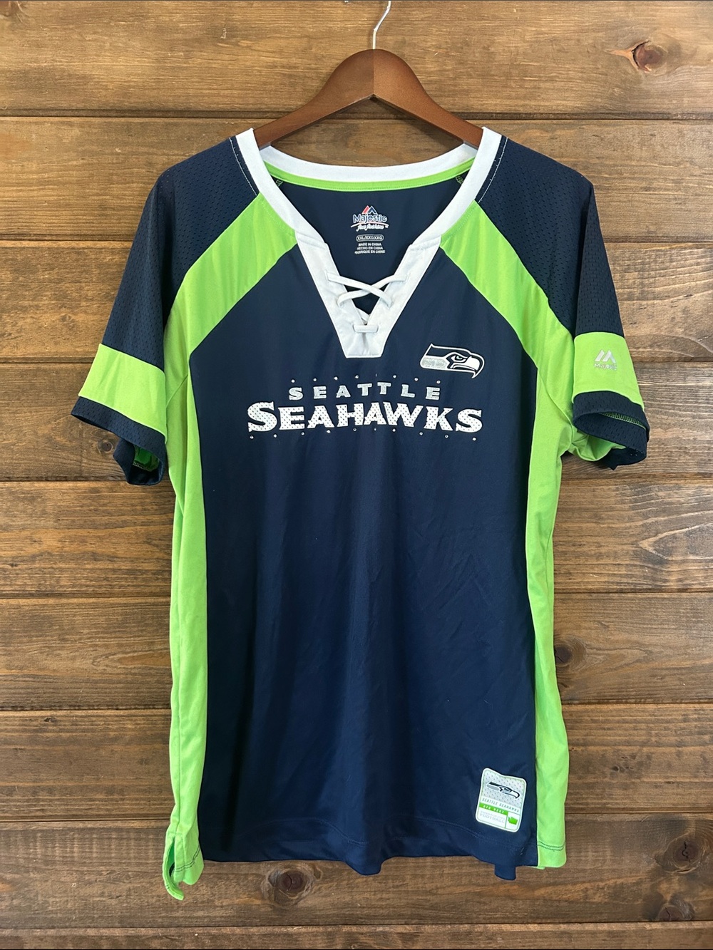 Majestic Seattle Seahawks Navy and Neon Green women’s Lace-Up Jersey